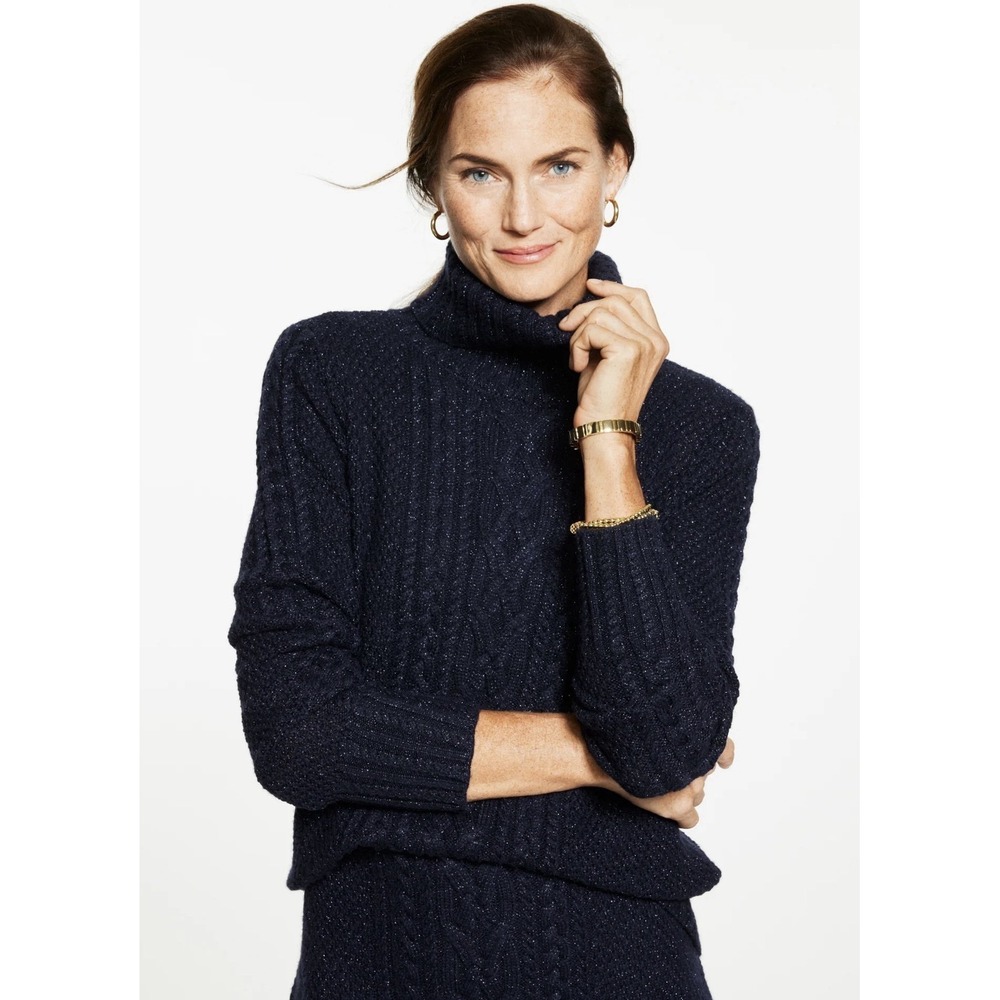 Talbots Women's Blue Cable Knit Turtleneck Sweater Metallic Thread Size M $99.50